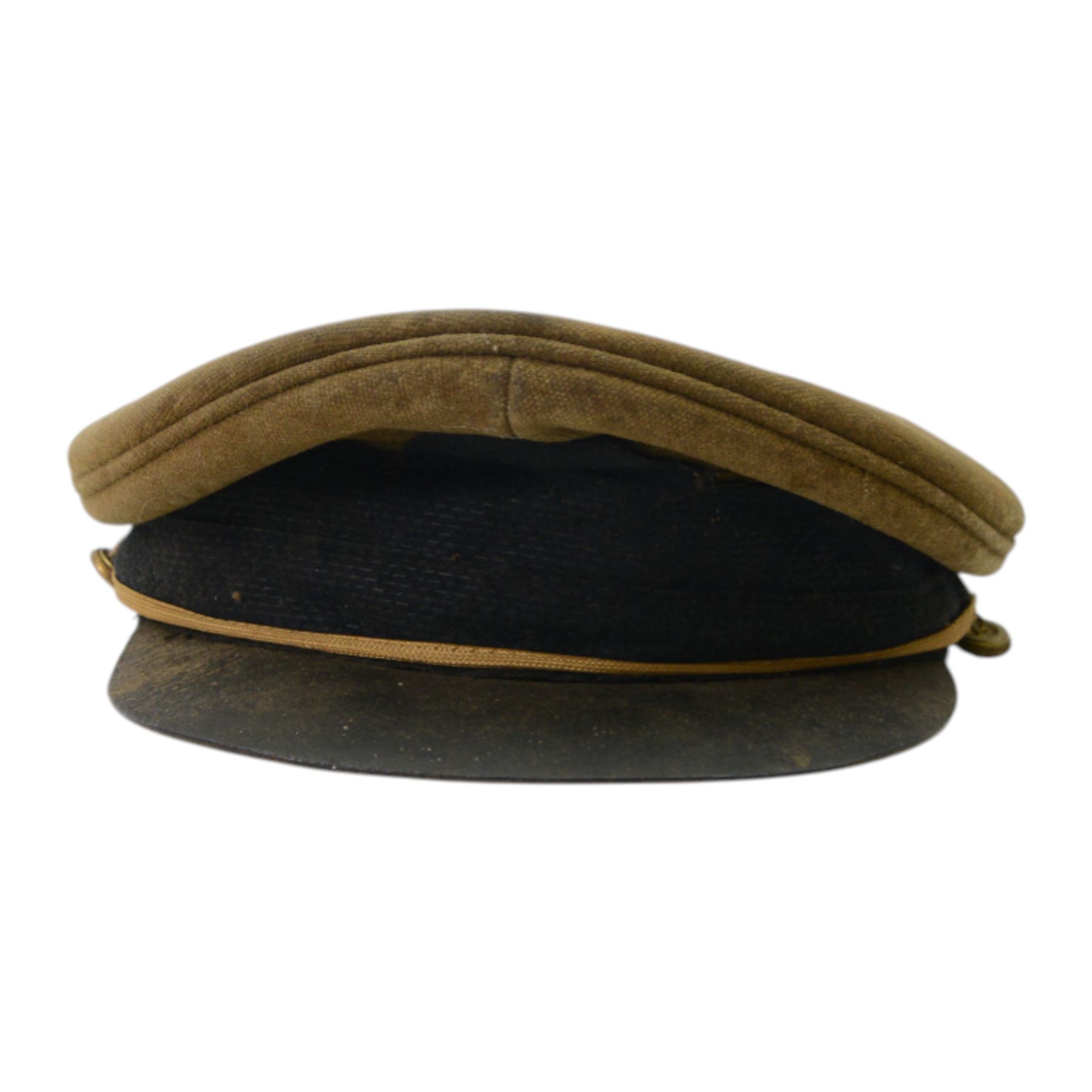 Bates service cap with hand written poem inside, together with Officer's Sam Browne brown leather belt, pistol holder and sword frog