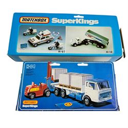 Collection of diecast model vehicles, including Matchbox Superkings K34 Pallet Truck (missing forklift), Matchbox Superkings K97 Range Rover Police, Corgi Super Silo Truck, Matchbox Superkings K17 Container Truck, Matchbox Superkings K3 Grain Transporter, Britains 9672 British Despatch Rider, Corgi Ford Escort and a Corgi Austin Metro, all boxed and Matchbox K33 Cargo, unboxed