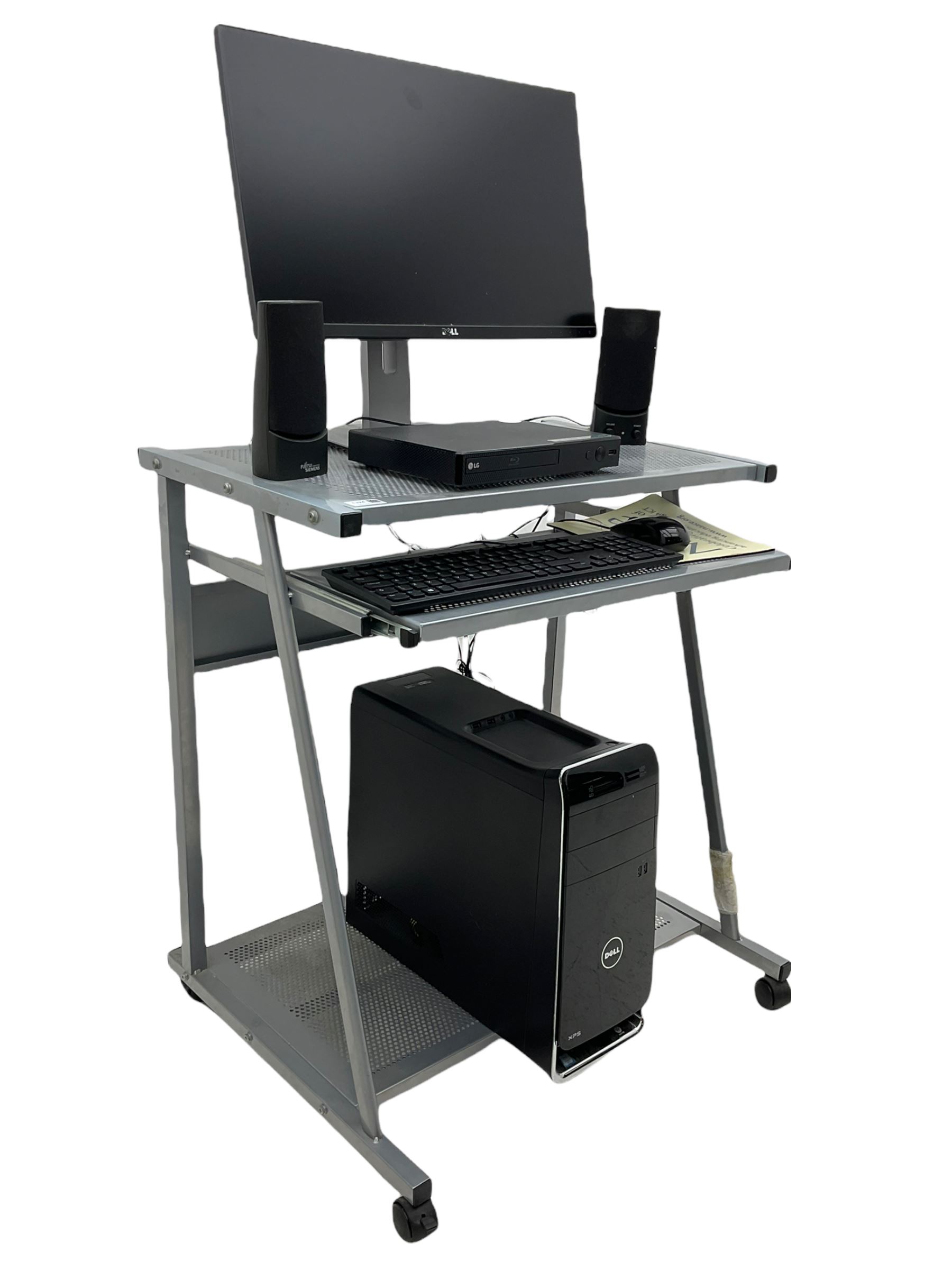 DELL i7 XPS 8900 series computer with monitor and various accessories including: LG BP250 Blu-ray player, SONY floppy disc drive etc. on stand