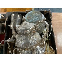 Quantity of silver plate and other metalware to include teapots with foliate design, mirror, and wooden box etc in two boxes