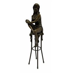 Art Deco style bronze modelled as a female holding her knee in her hands, seated upon a chair, signed 'Pierre Collinet', H27cm