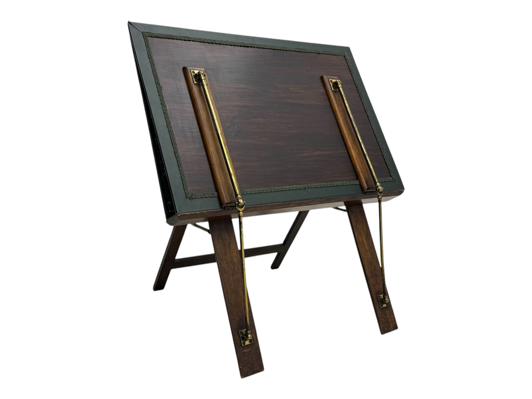 Late 20th century mahogany folding folio stand, the angled top and fold-out shelf decorated with a William Morris-style pomegranate and foliage pattern, supported by a folding A-frame structure