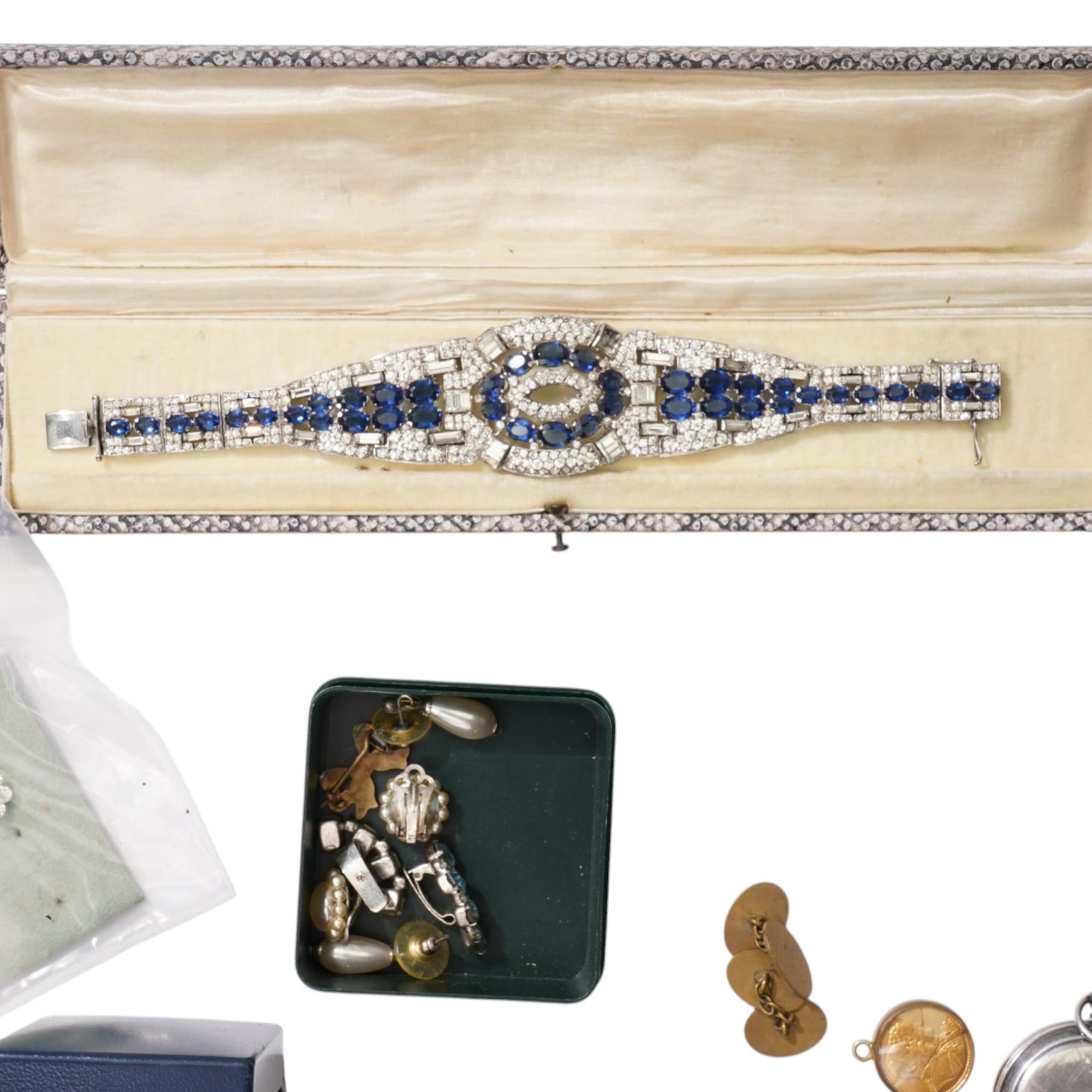 Victorian dress stud with horseshoe motif, two silver pocket watches, silver-plated pocket compass, silver pendant earrings, St George and the Dragon silver coin, mounted as a pendant, silver paste set bracelet, WW1 Victory medal awarded to PTE N Fisher, R Scots, costume jewellery etc 