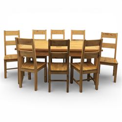 Modern light oak rectangular dining table, and eight high back chairs, stowable leaves ext...