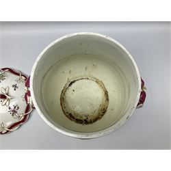 Large Victorian twin handled water pail and cover, of slightly bellied form decorated with floral sprays and moulded vine and ribbon detail, H36.5cm