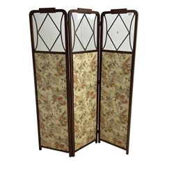 Edwardian inlaid mahogany three-fold screen, the cresting rail carved with linen garland over glazed panel and floral upholstered panel 
