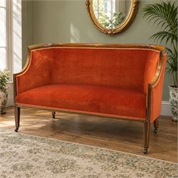Edwardian inlaid mahogany tub two seater settee, traditional shape with satinwood stringin...