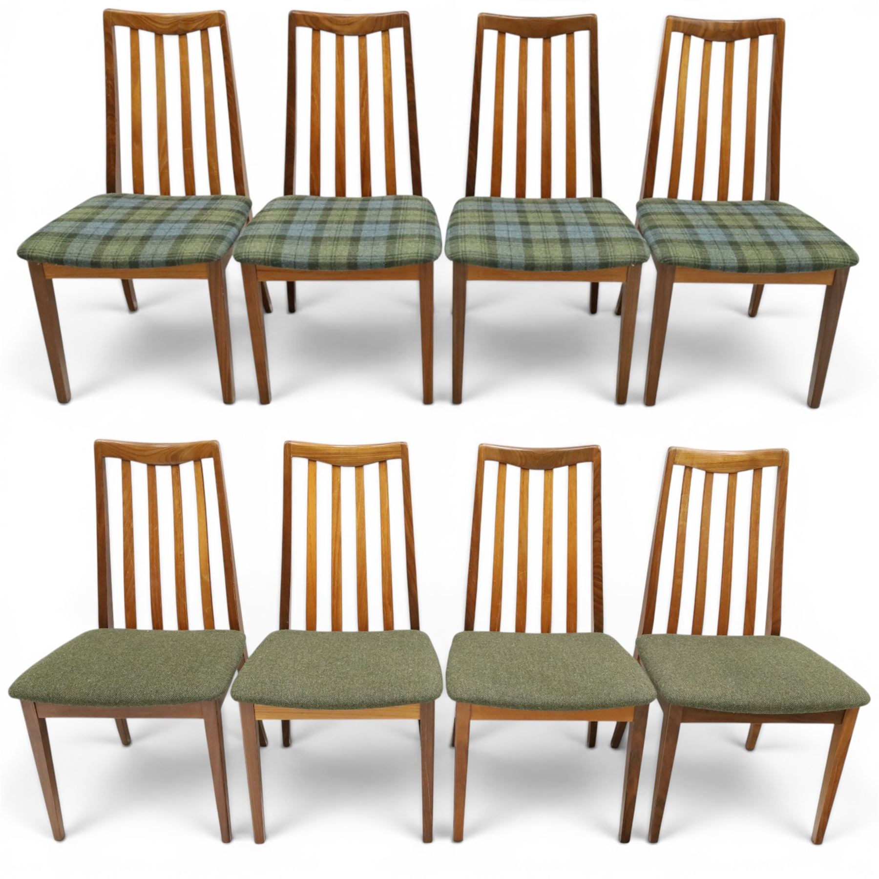 G-Plan - 'Fresco' set of teak eight dining chairs, reupholstered in green tartan and green harris tweed fabric 
