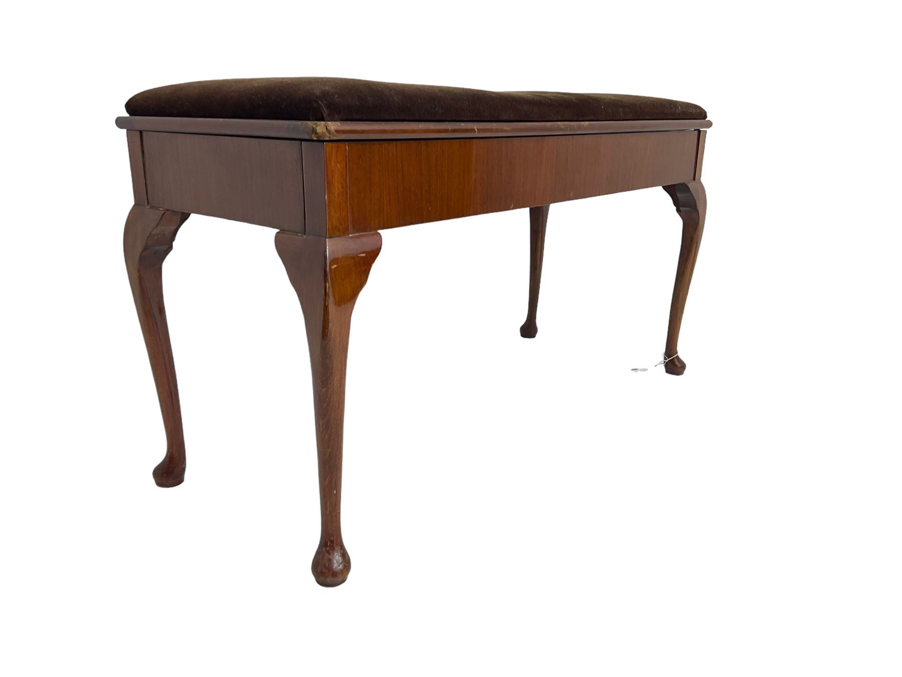 Early 20th century walnut duet piano stool, rectangular hinged lid with upholstered seat, on cabriole supports