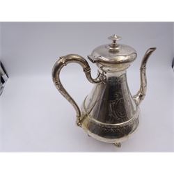 French silver coffee pot, of tapering bellied form, with engraved foliate and scrolling decoration and monogram to body, with C scroll handle with ivory insulators, upon four openwork palm leaf pad feet, Minerva's head for 800 standard and weevil import mark, H22cm This item has been registered for sale under Section 10 of the APHA Ivory Act