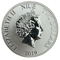 Five Queen Elizabeth II Niue one ounce fine silver two dollars coins dated 2016 'Turtle', 2017 'Panda', 2017 'Darth Vader', 2018 'Stormtrooper', 2019 'Clone trooper' and two Fiji one ounce fine silver one dollar coins dated 2015 'Iguana', 2016 'Iguana' (7)