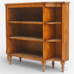 Regency design figured walnut shaped side cabinet credenza, fitted with open shelves