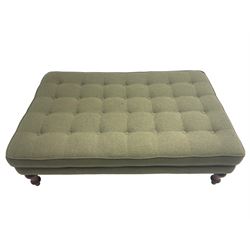 Peter Silk of Helmsley - large rectangular footstool upholstered in buttoned green tweed fabric, on turned mahogany feet