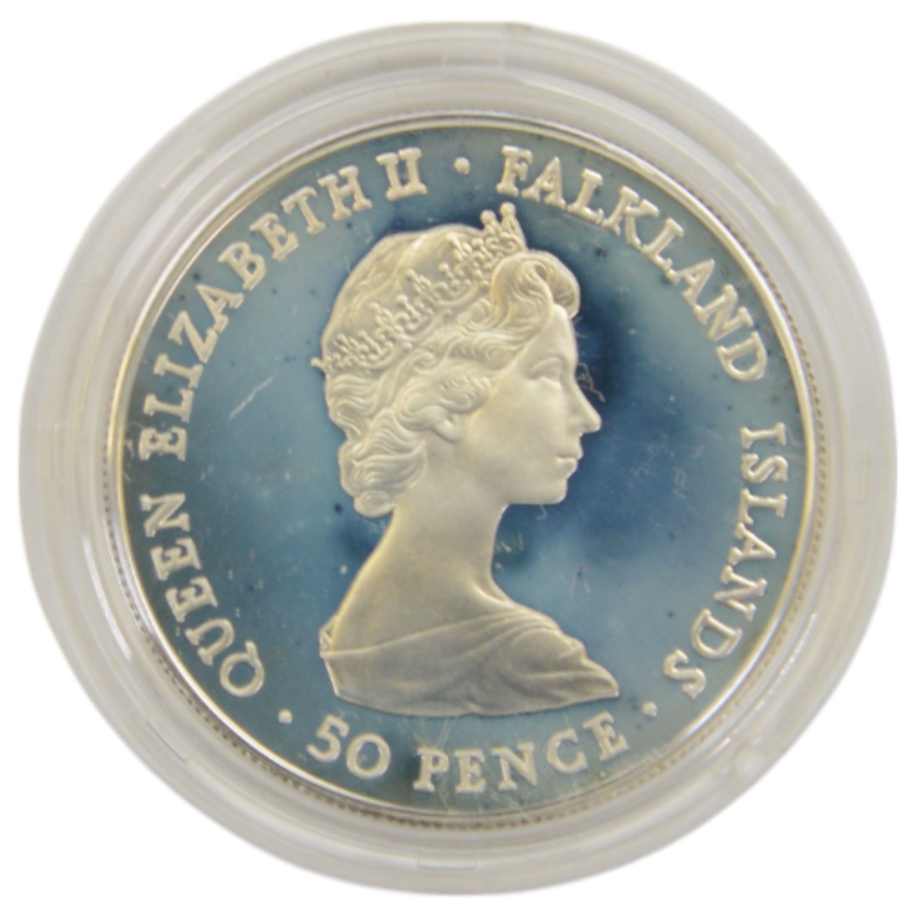 The Royal Mint Falkland Islands 1983 '150th Anniversary' sterling silver fifty pence coin and  1985 '100 Years Of Self Sufficiency' twenty-five pounds sterling silver proof coin, both cased with certificates