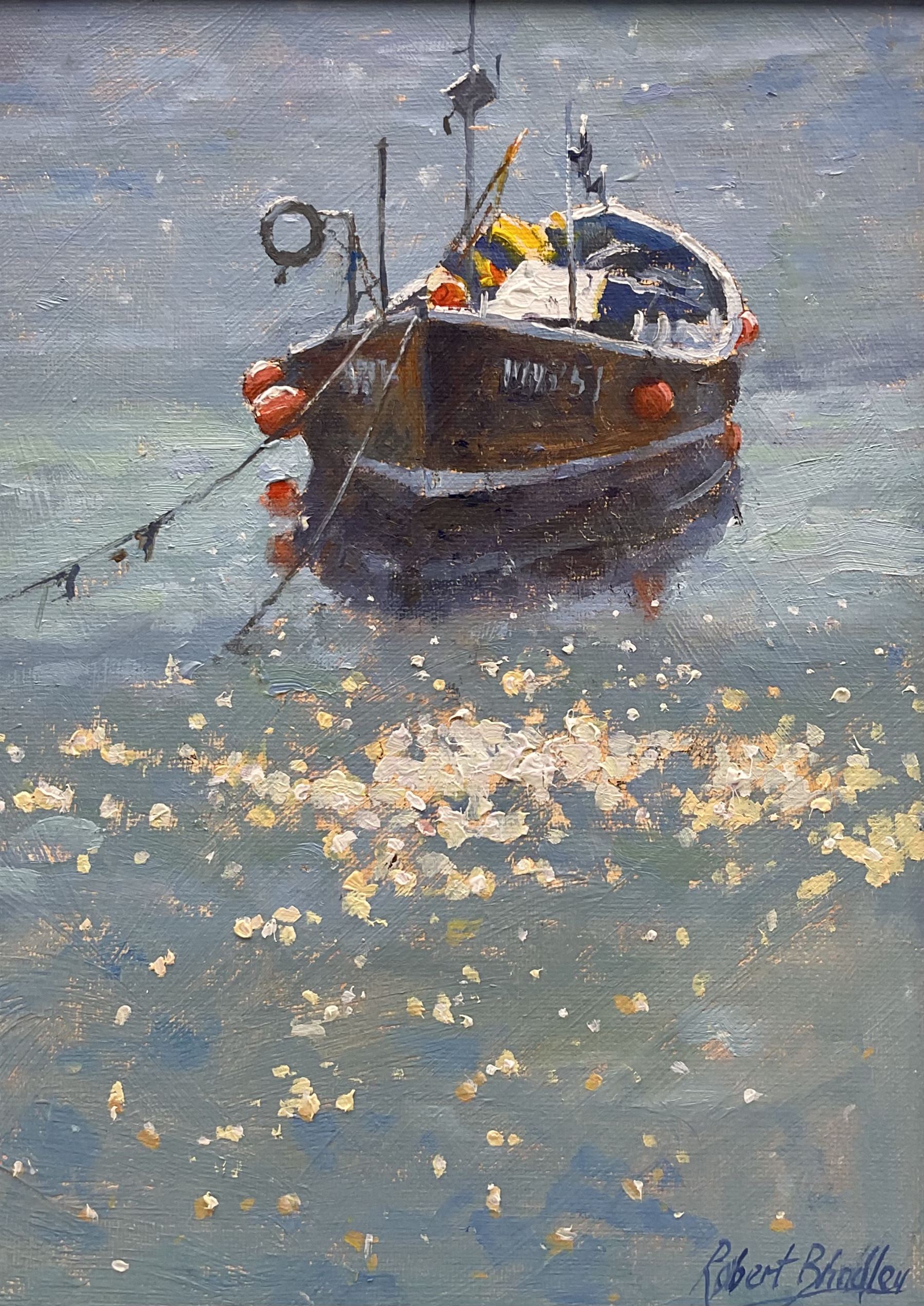 Robert Brindley (British 1949-): 'Sparkling Lights at Staithes Harbour', oil on board signed, titled verso 26cm x 20cm