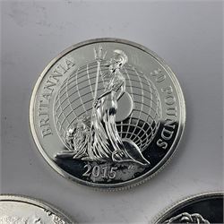 Five The Royal Mint United Kingdom fine silver coins comprising 2015 ‘Buckingham Palace’, 2016 ‘Big Ben’ and 2016 ‘Trafalgar Square’ one hundred pound coins, with 2015 ‘Britannia’ and 2016 ‘The Shakespeare Histories’ fifty pound coins