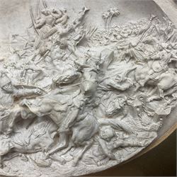 Justin Mathieu, two oval high relief plaque depicting a battle scenes, each within a wooden frame, frame  H21cm, L25cm