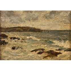 George Frederick Cutter (British 1940-): Sheep Resting in Tall Grass, pastel signed 17.5cm x 22.5cm; English School (19th century): Waves Breaking on a Rocky Coastline, impasto oil on board indistinctly signed max 19.5cm x 28cm