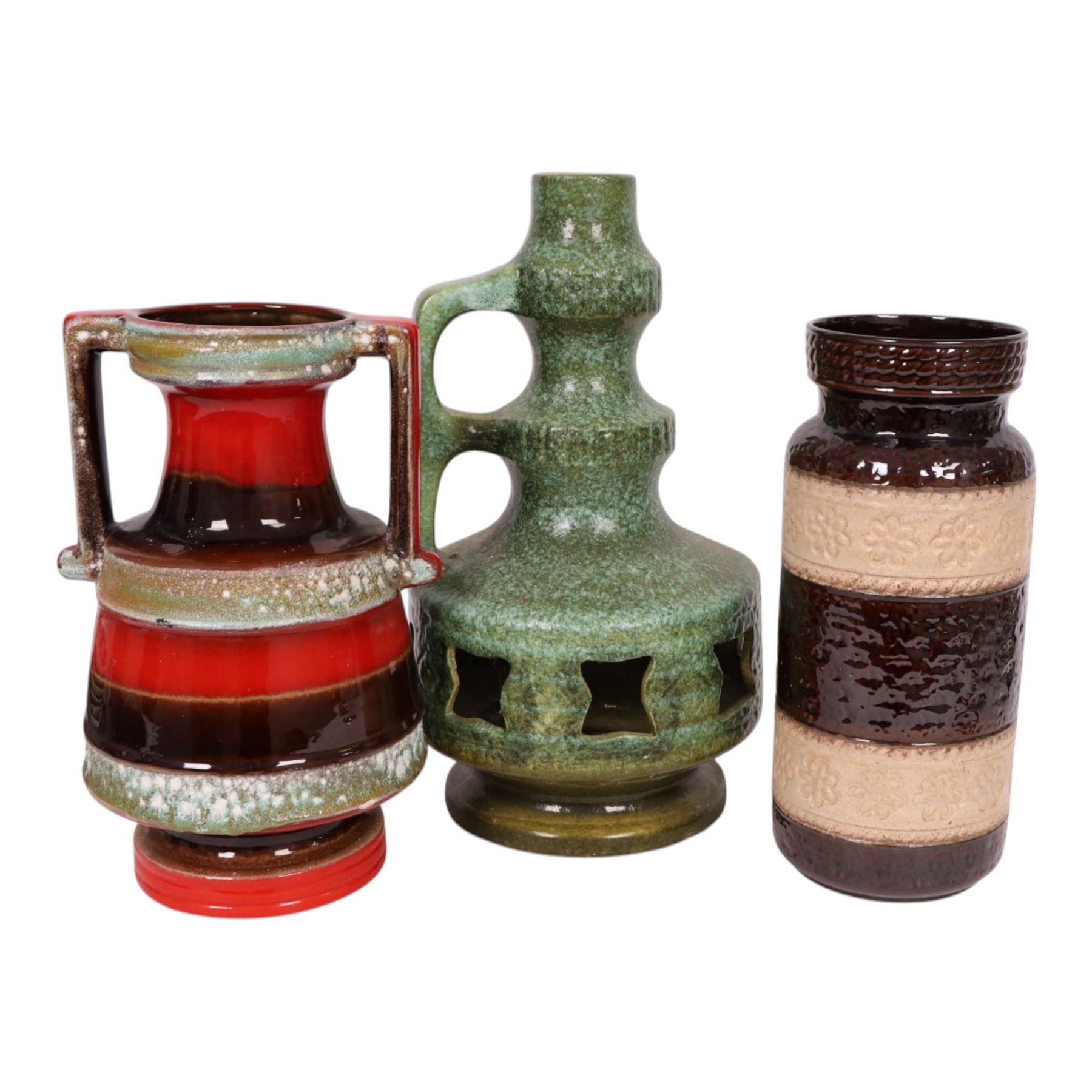 Two West German fat lava vases, together with a lamp base, largest H50cm
