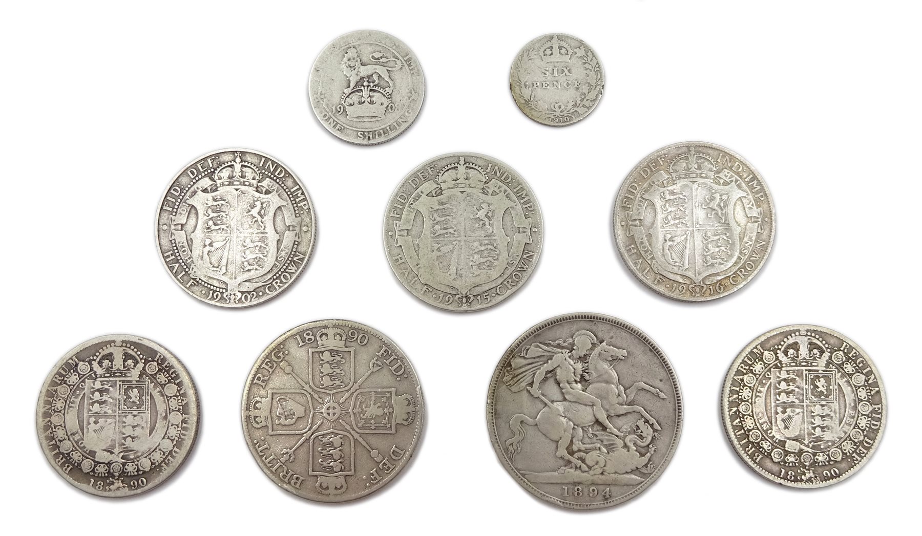Approximately 120 grams of pre 1920 Great British silver coins including Queen Victoria 1894 crown, 1890 double florin and two 1890 half crowns,  King Edward VII 1902 half crown etc