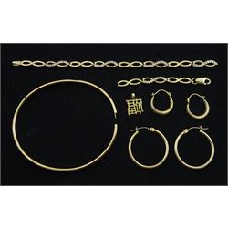 Pair of 14ct gold hoop earrings and a collection of 9ct gold jewellery including bangle, pendant, bracelet and earrings, all hallmarked or tested