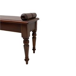 Victorian style mahogany window seat, moulded rectangular top on turned supports