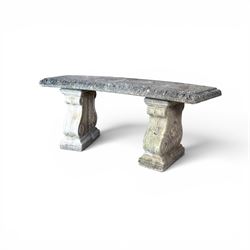 Cast stone three piece garden bench, curved form with detailed top