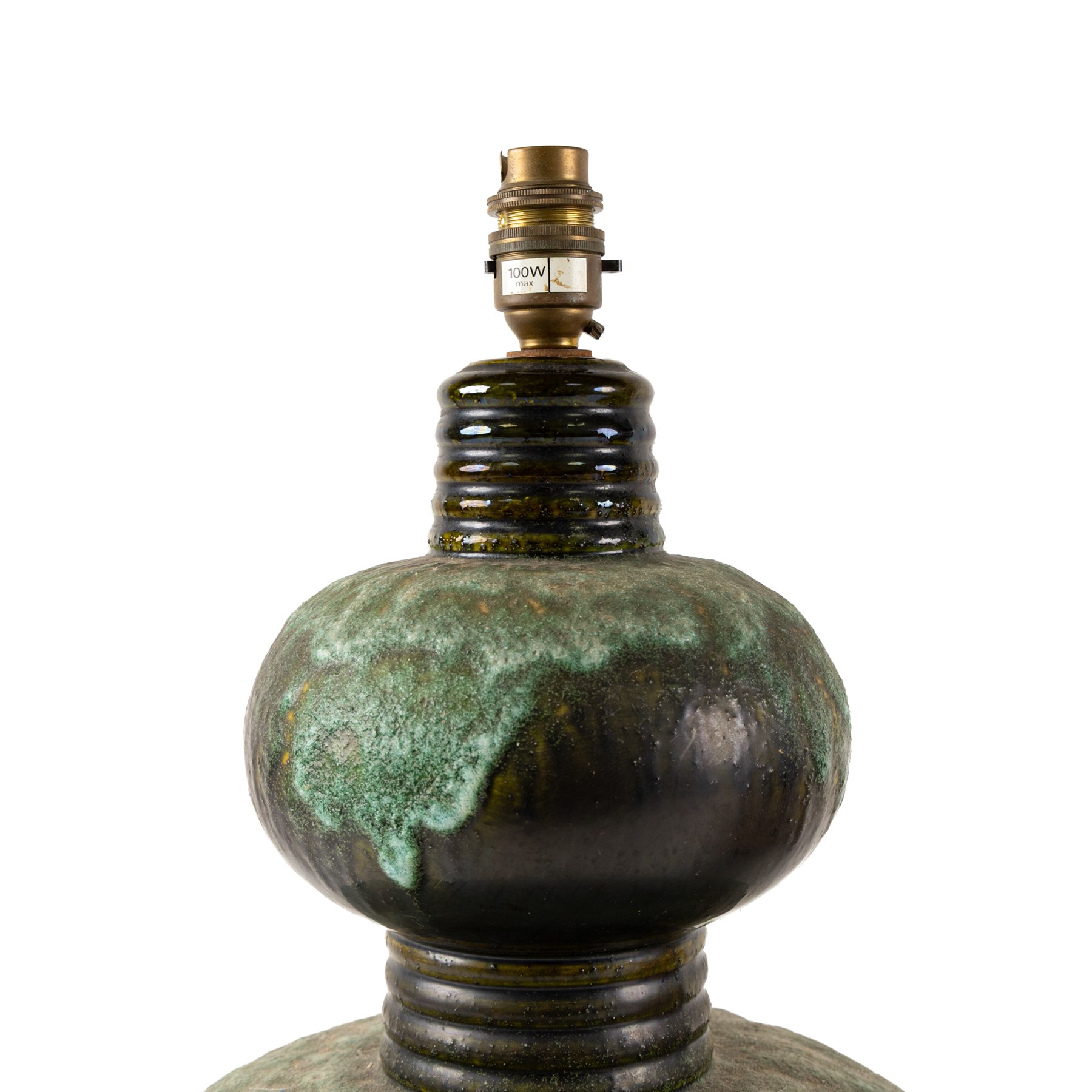 West German Pottery - two mid 20th century ceramic lamp bases, brown glaze with petal style decoration and pierced detail, together with another similar with volcanic glaze, largest H52cm