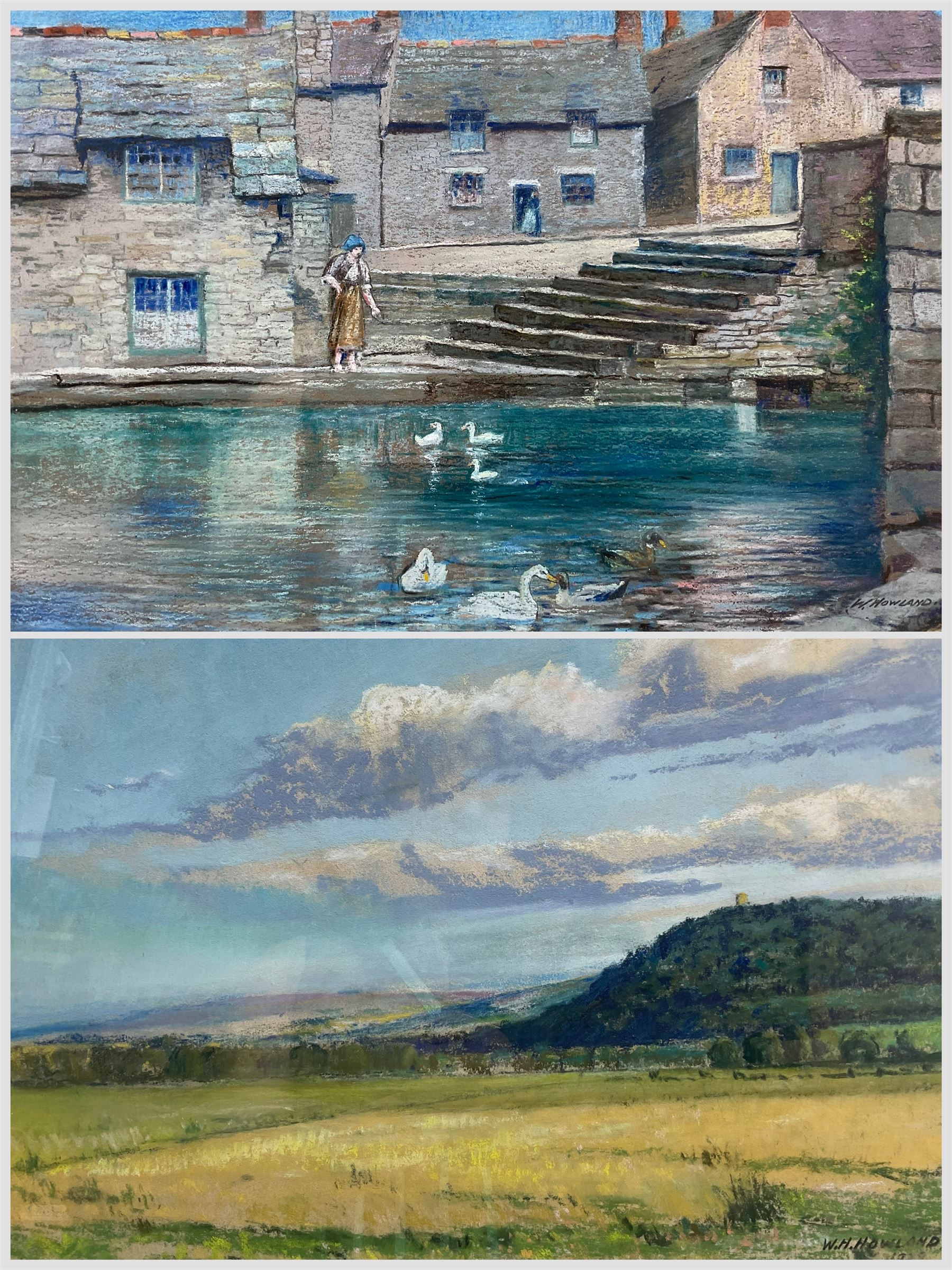 William Howden Howland (British Early 20th Century): 'View Across the Country from Minehead Somerset with Dunster Castle' and 'Swanage Mill Pond', pair watercolours signed with one dated 1929, titled on label verso 24cm x 37cm (2)