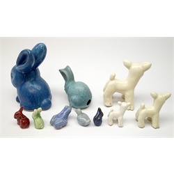 A collection of various Denby models, comprising a blue glazed rabbit, a set of three graduated sheep, frog, duck, squirrel, red glazed rabbit, and rather rabbit possibly Denby, plus a Decorro Pottery model of a rabbit. 
