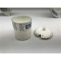 Coalport Revelry pattern tea and dinner wares, comprising nine dinner plates, four salad plates, eleven side plates, sauce boat and stand, ten teacups and ten saucers, and preserve pot and cover, together with a Coalport plate of shaped form decorated with pink roses, and a Royal Crown Derby Royal Antoinette pattern trio