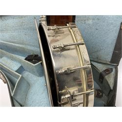 Five-string banjo by Clifford Essex Co. 15A Grafton Street, Bond Street, London W, with mother-of-pearl inlaid ebony fingerboard L92cm; in carrying case with strap