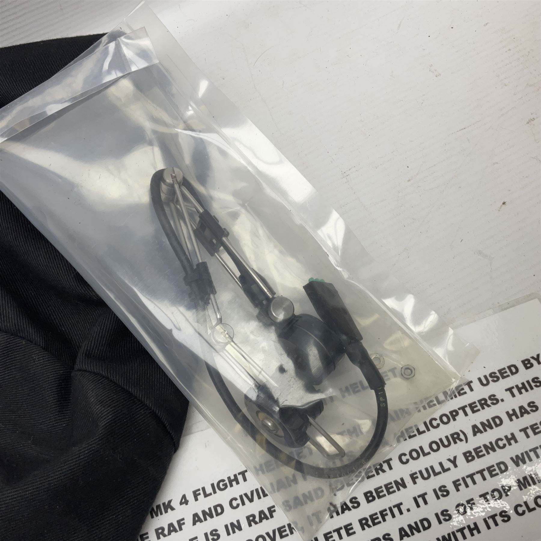 Mk.4 Flight Helmet, as used by RAF and Civilian helicopter pilots; in RAF sand colour (desert use),  fitted with cloth visor cover and working boom mike; has had a complete refit and is bench tested.