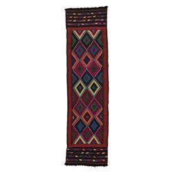 Afghan kilim runner rug, the field decorated with geometric patterned concentric lozenges ...
