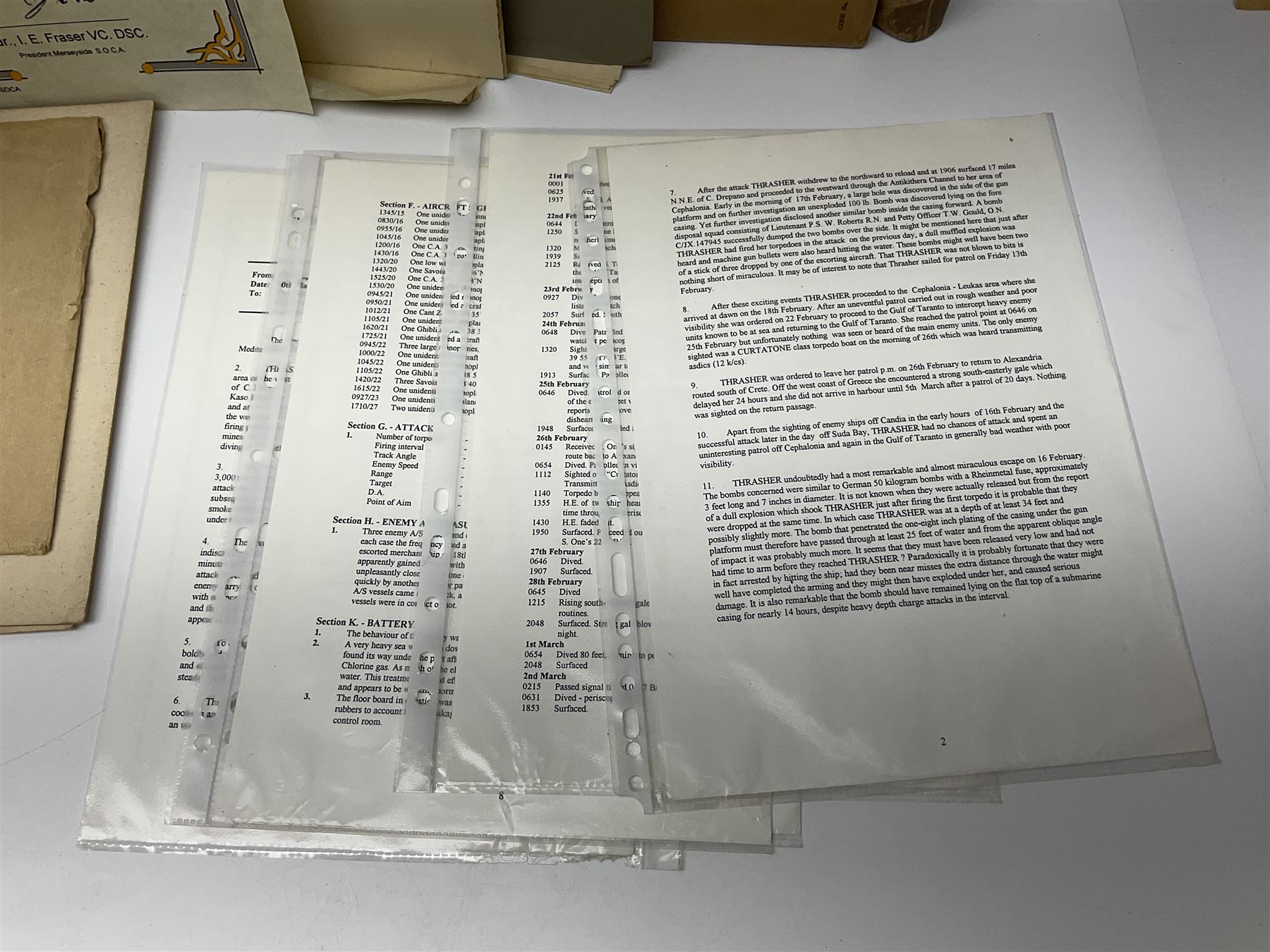 WW2 submarine interest - archive of ephemera and photographs relating to submariner Petty Officer (later Lieutenant) Thomas William Gould V.C. of HMSub Thrasher; predominantly post-war with later copies of contemporary photographs and documents including Certificate of Service in slip-case, War Patrol Reports, First Day Covers, press cuttings, 'For Valour' film script, business cards etc.
Auctioneer's Note: An extract from Gould's VC award citation reads 
