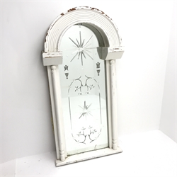  20th century white painted niche mirror, arched reeded top with two turned pilasters, the mirror plate with bevelled decoration, W76cm, H150cm, D21cm  