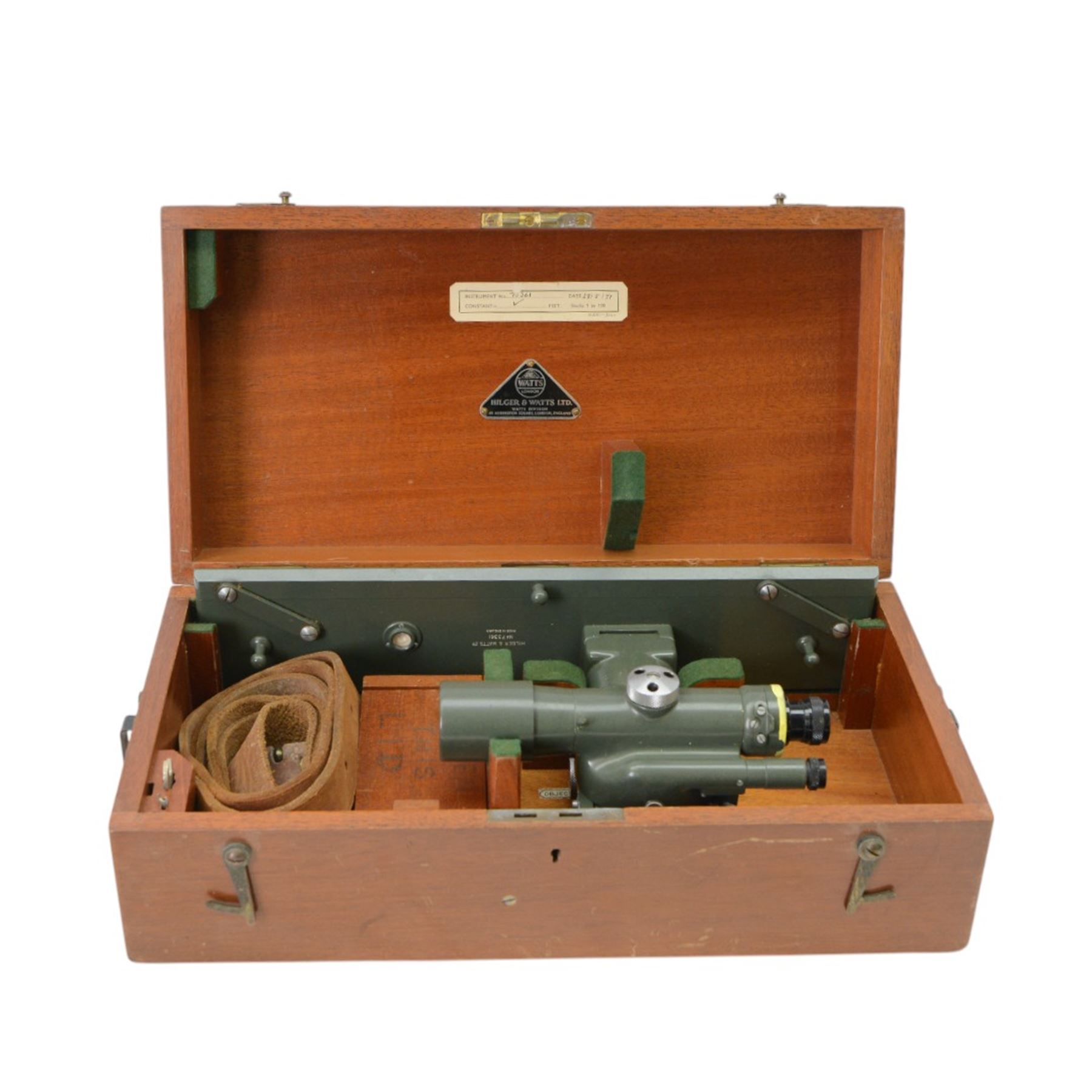 Microsurvey Tracker, Wild GPR 1 prism, Hilger & Watts Ltd theodolite no. 73361 and a Stanley theodolite no. 58470, both in fitted wooden cases