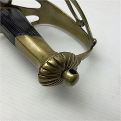 Late 18th century sword, the Spanish 79.5cm curving fullered blade engraved with the Royal Cypher, battle trophies and 'Viva Espania' banner, French Sabre de Mineur brass three-bar hilt with ebonised reeded grip L93.5cm overall (no scabbard)