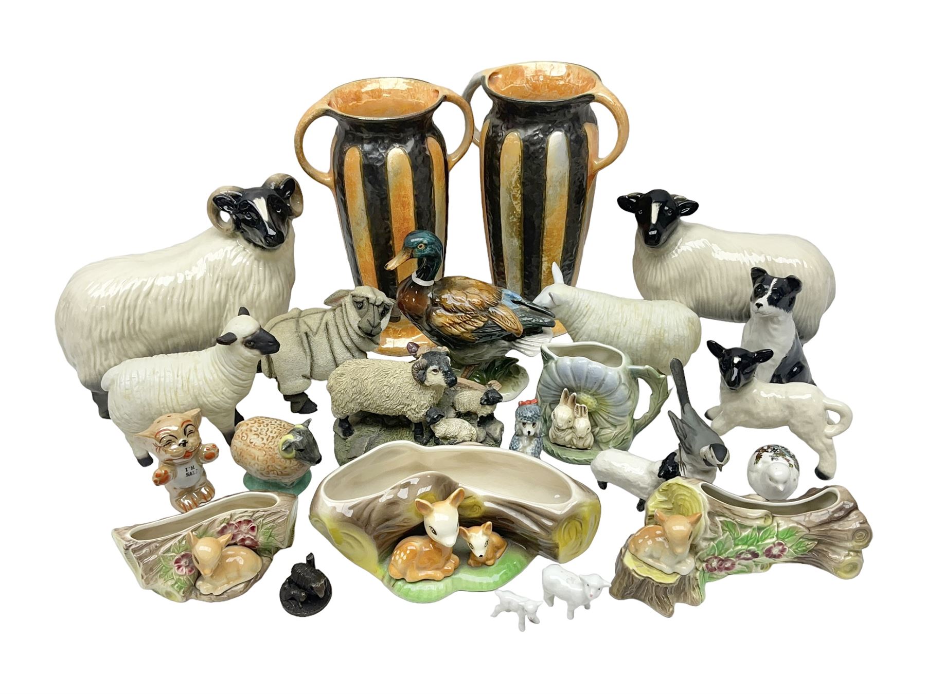 Two Hornsea Fauna vases, together with a similar jug, Coopercraft sheep and other collectables  