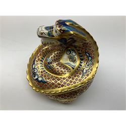 Two Royal Crown Derby paperweights, Dragon of Happiness, limited edition 1227/1500 and Dragon of Good Fortune, limited edition 1227/1500, both with gold stopper, hardwood base, certificate and with printed mark beneath