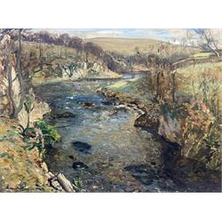Reginald Grange Brundrit RA ROI (British 1883-1960): The River Wharfe at Loup Scar near Grassington, oil on canvas signed c.1924, 45cm x 60cm 
Provenance: en plein air preliminary study for a larger work dated 1924 hanging in the Cartwright Hall, Lister Park, Bradford