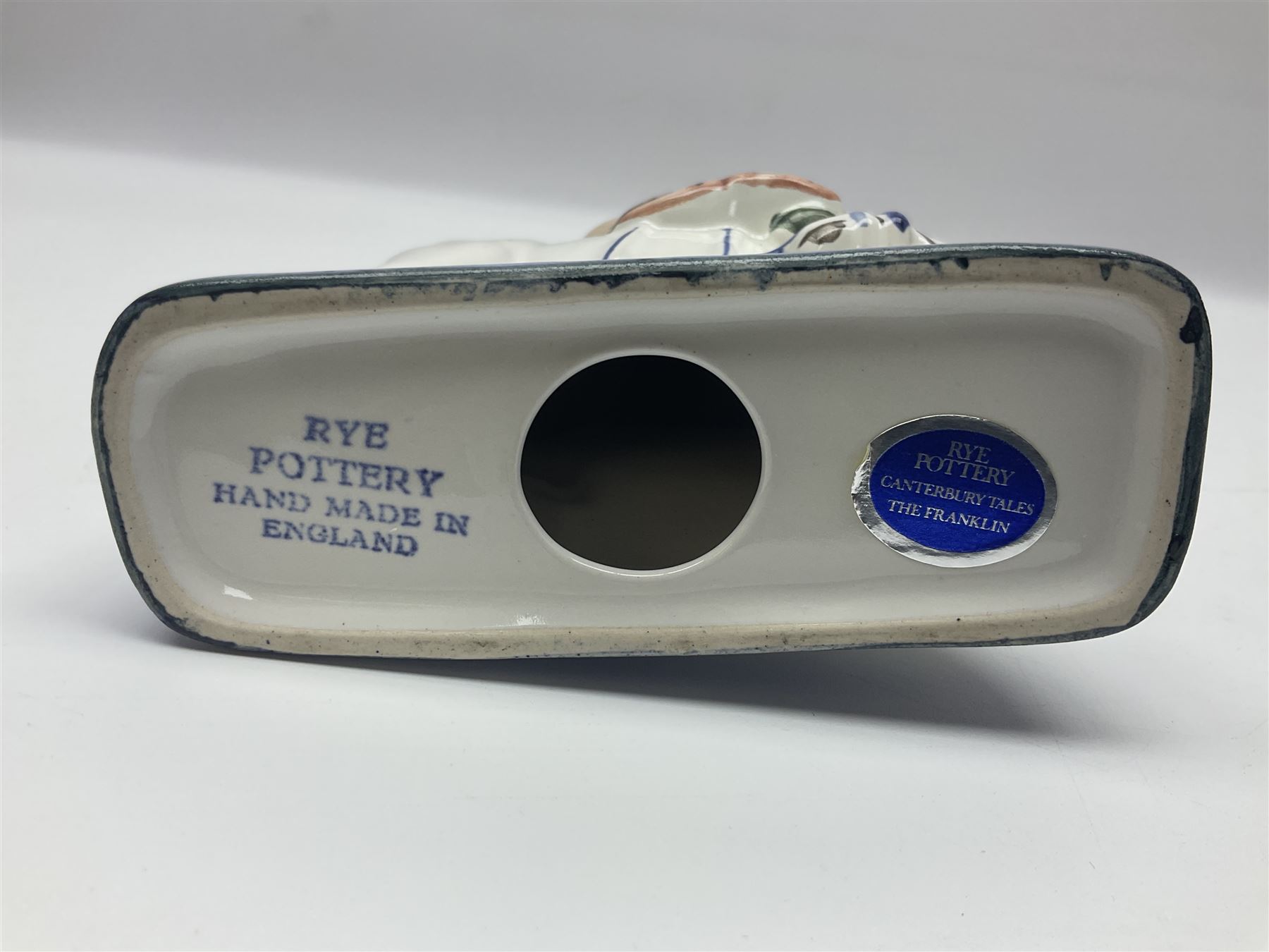 Three Rye Pottery Canterbury Tales figures, comprising The Miller, The Monk and The Franklin, together with a Canterbury Tale tile The Knight, tallest H24cm