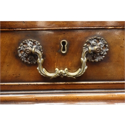  Georgian style mahogany bureau bookcase, projecting cornice, blind fret work frieze, astragal glazed doors enclosing three shelves above fall front with fitted interior, two drawers, two cupboards, acanthus carved bracket feet, W127cm, H183cm, D58cm  