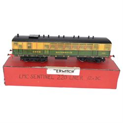 Two Leeds Model Company (LMC) 0 gauge LNER Sentinel steam railcars, each finished in LNER cream and green with lithographed paper sides on wooden body, one finished as Nettle no. 233 and the other as Waterwitch no. 220