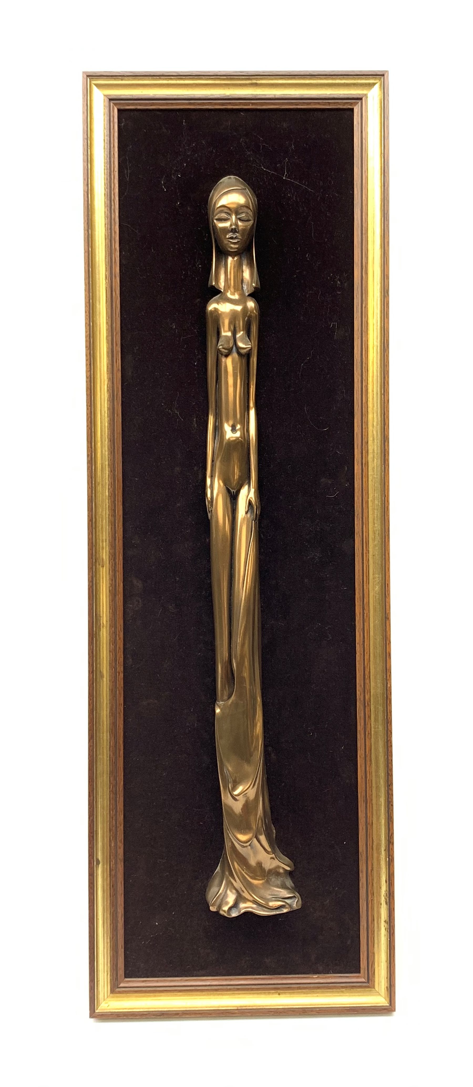 Giovanni Schoeman (South African 1940-1980): 'Winter' - Full Length Female Nude, bronzed sculpture mounted onto board signed with symbol to base, titled verso, H75cm. 