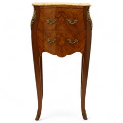 Pair of Louis XV style kingwood and marquetry bedside cabinets, the serpentine sienna marble top above two bombe fronted drawers with rococo style bronze handles and masks on slender cabriole legs terminating in bronze sabots  