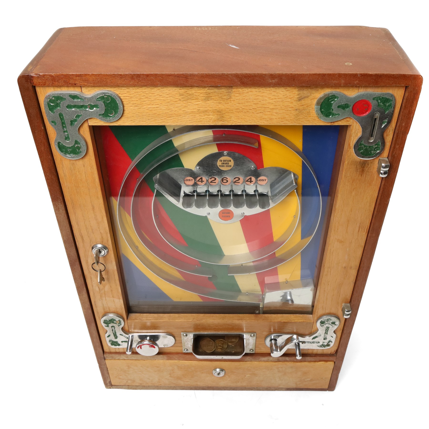 Bryans Elevenses penny slot arcade machine with wooden case and chrome fittings, working, H64cm W45cm