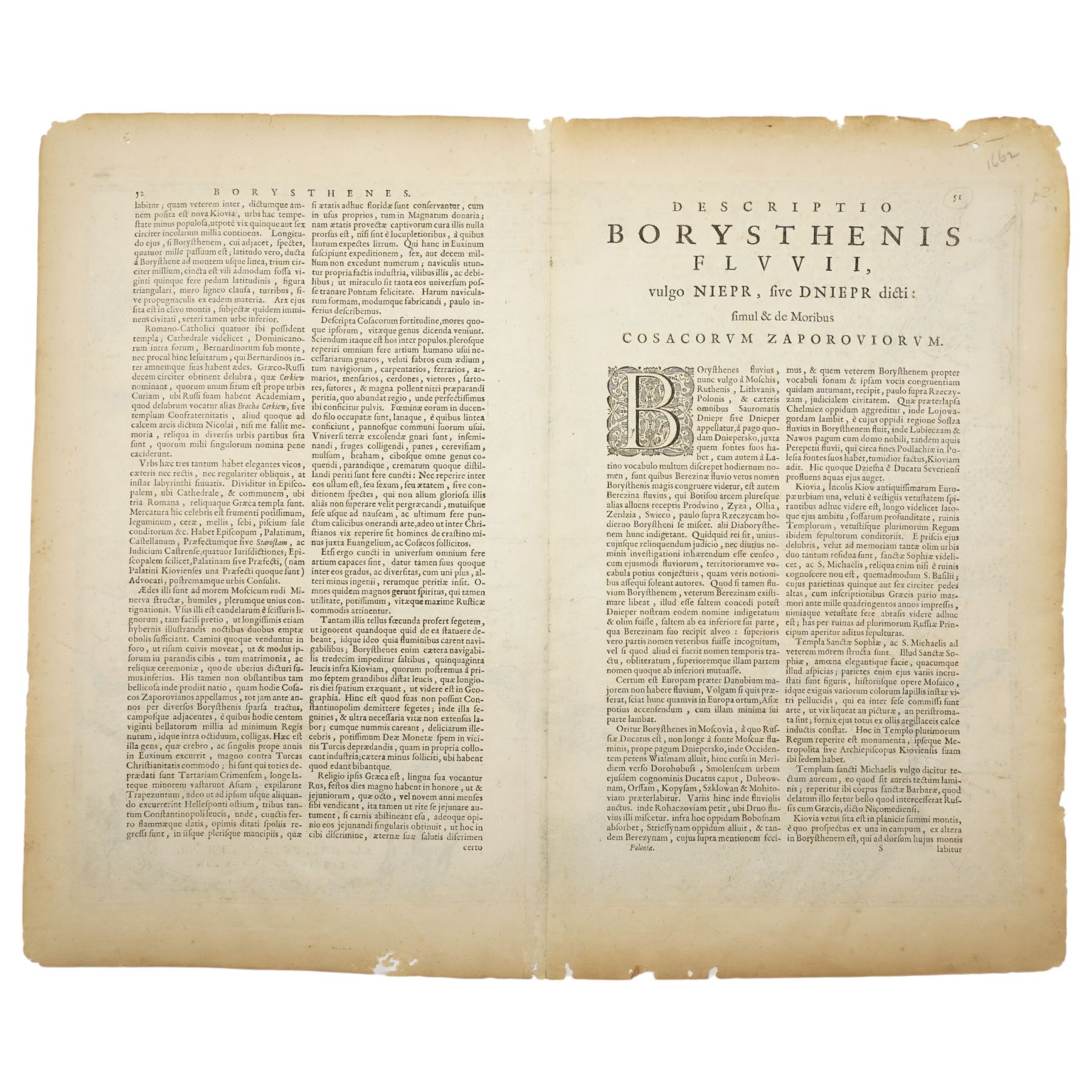 Johannes (Joan) Blaeu (Dutch 1596-1673): 'Tractus Borysthenis vulgo Dniepr et Niepr Dicti, à Kiovia ufque ad Bouzin', 17th century engraved map with hand-colouring of the Dnieper river in Ukraine from Kiev through Cherkasy pub. Atlas Major c.1662, 51cm x 61cm (unframed)