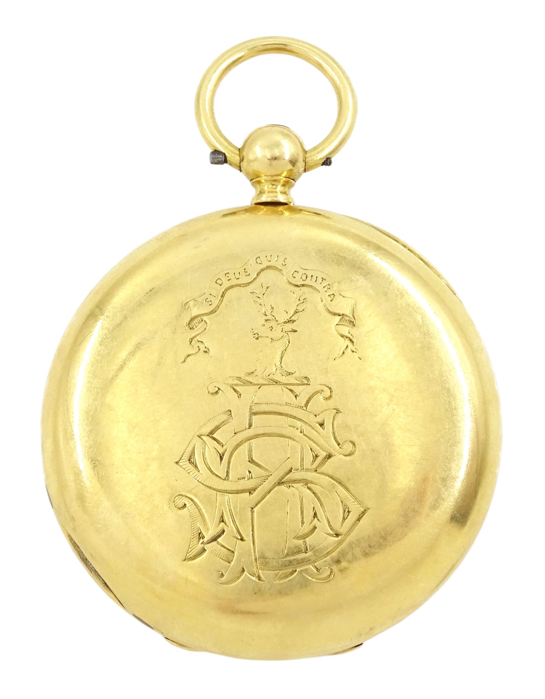 Victorian 18ct gold full hunter key wound lever pocket watch by J & W Marshall, 44 George Street, Edinburgh, No. 9637, engraved balance cock with diamond endstone, white enamel dial with Roman numeral hour markers and subsidiary seconds dial, back case engraved with monogrammed initials, stag below emblem 'Si Deus Quis Contra' by George Henry Hornby, London 1875