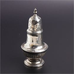 Silver urn shape sugar caster on pedestal foot Birmingham 1923, engraved silver vesta case and asilver pepperette